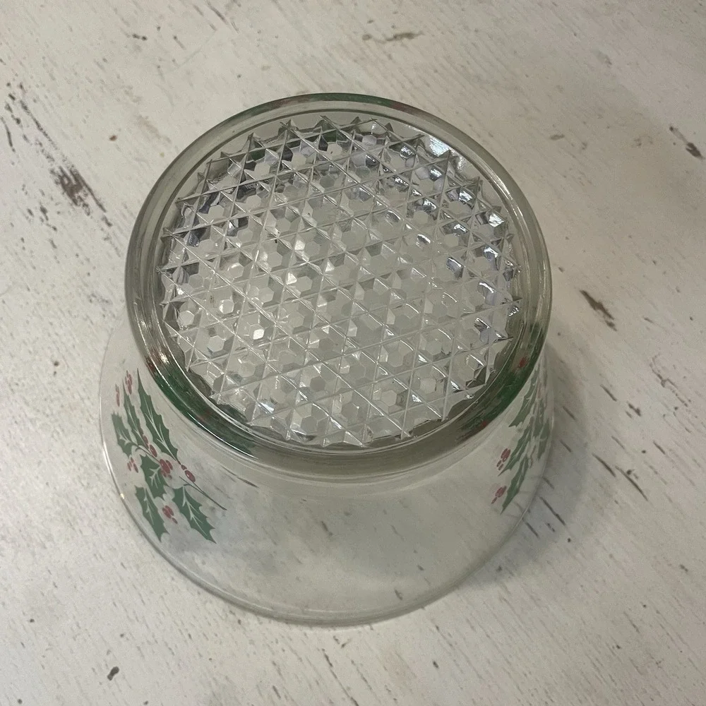 Vtg Indiana Glass Ice Bucket Clear Serving Bowl Holly Berry Christmas 7